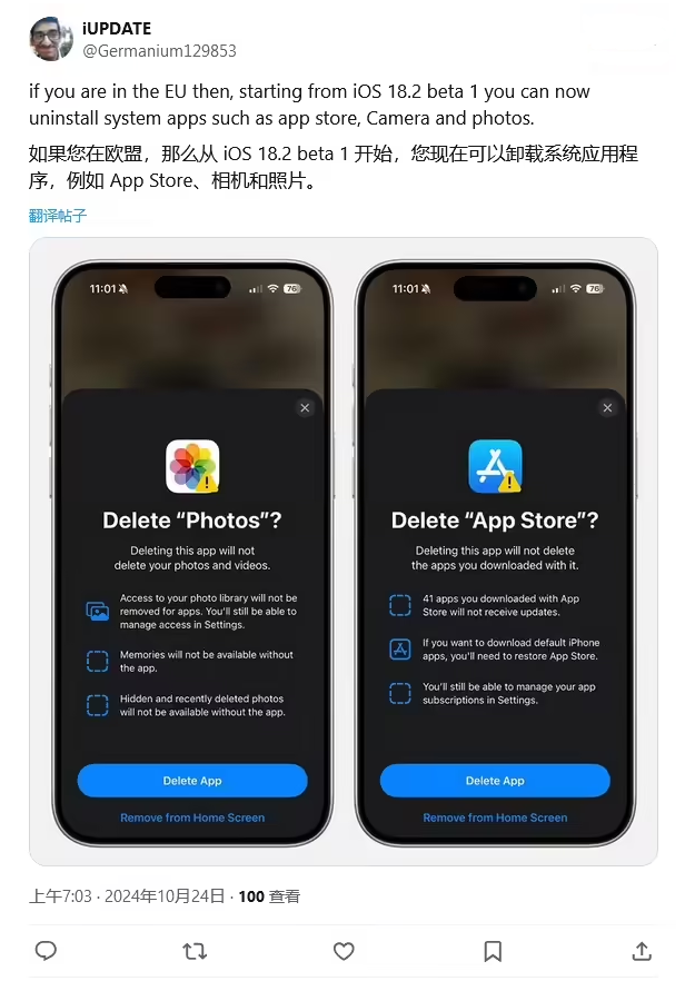 汝南苹果手机维修分享iOS 18.2 支持删除 App Store 应用商店 